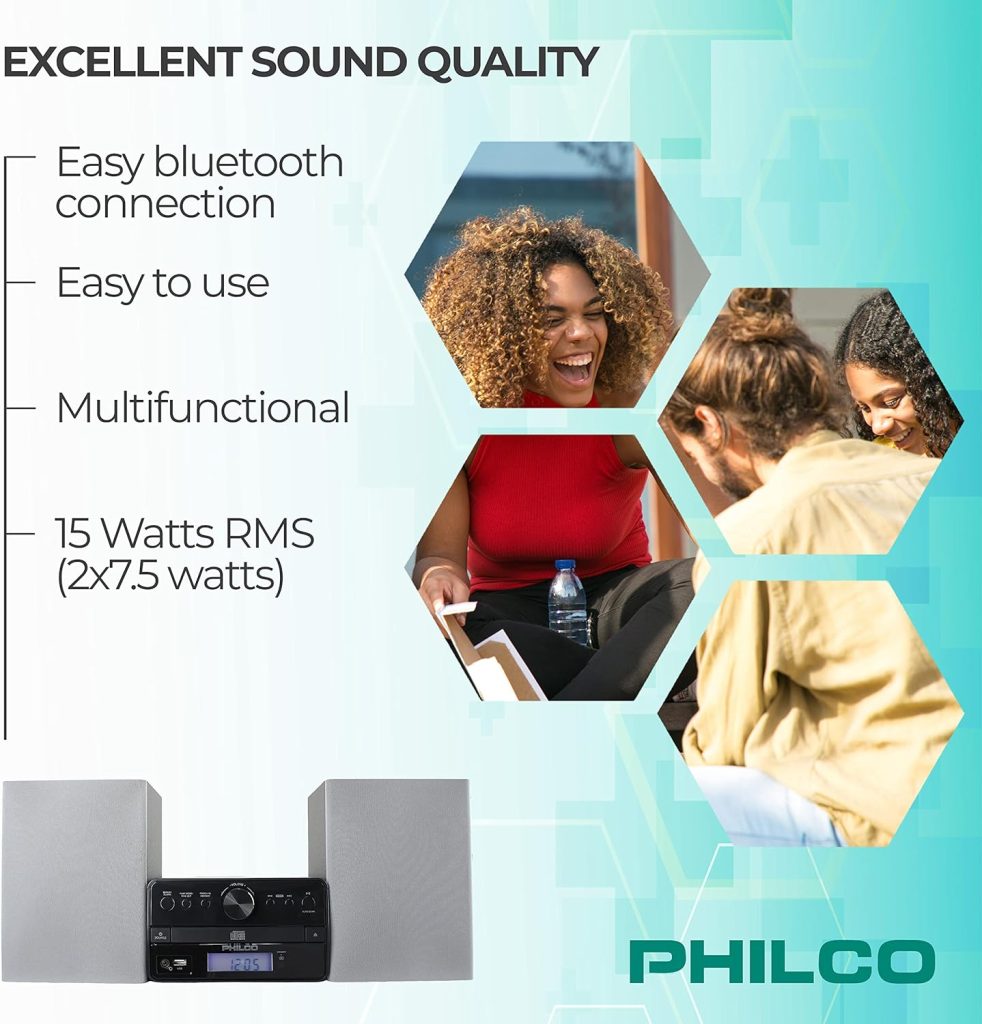 Philco Stereo Shelf Systems Tray Loading CD Player with Digital FM Radio, Bluetooth Streaming, Remote Control in Silver | LCD Display | 3.5mm Headphone Jack | MP3  AUX Port Compatible | USB Input