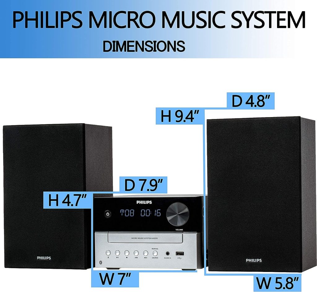 PHILIPS Bluetooth Stereo System for Home with CD Player, Wireless Streaming, MP3, USB, Audio in, FM Radio, 15W, Micro Music Sound System