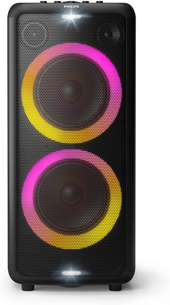 Philips X5206 Bluetooth Party Speaker with Extra bass, Up to 14 Hours Battery, Party Lights and Karaoke Effects, Microphone and Guitar Input, Audio-in, USB Charging, Built-in Trolley, TAX5206