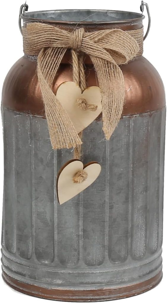PHILPETY Shabby Chic Classy Designed Bucket Brown Milk Can Heart-Shaped Galvanized Finish Metal Vase Country Rustic Primitive Decorative Flower Holder, 8.7 H