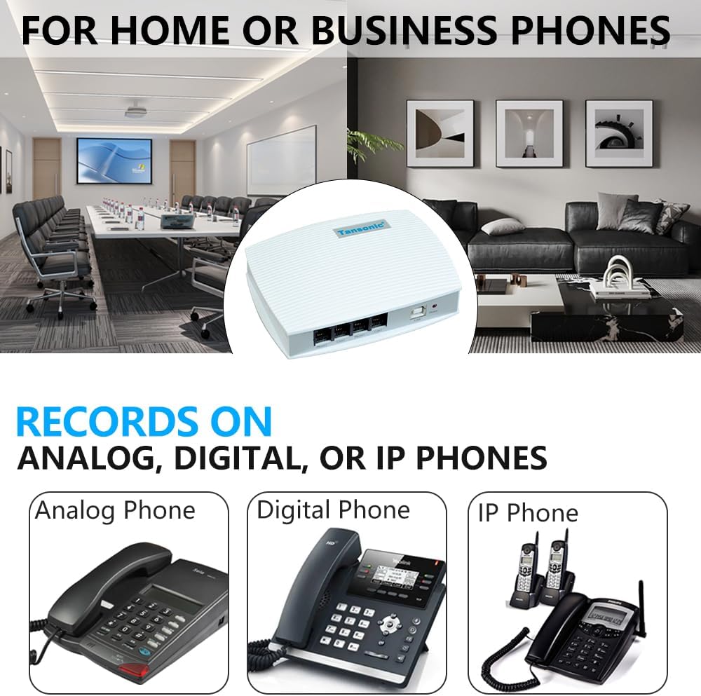 Phone Recorder, 2 Channels USB Telephone Recorder for landline,PC Software Control Phone Recording for Business Phone Calls  Voice Recording Management