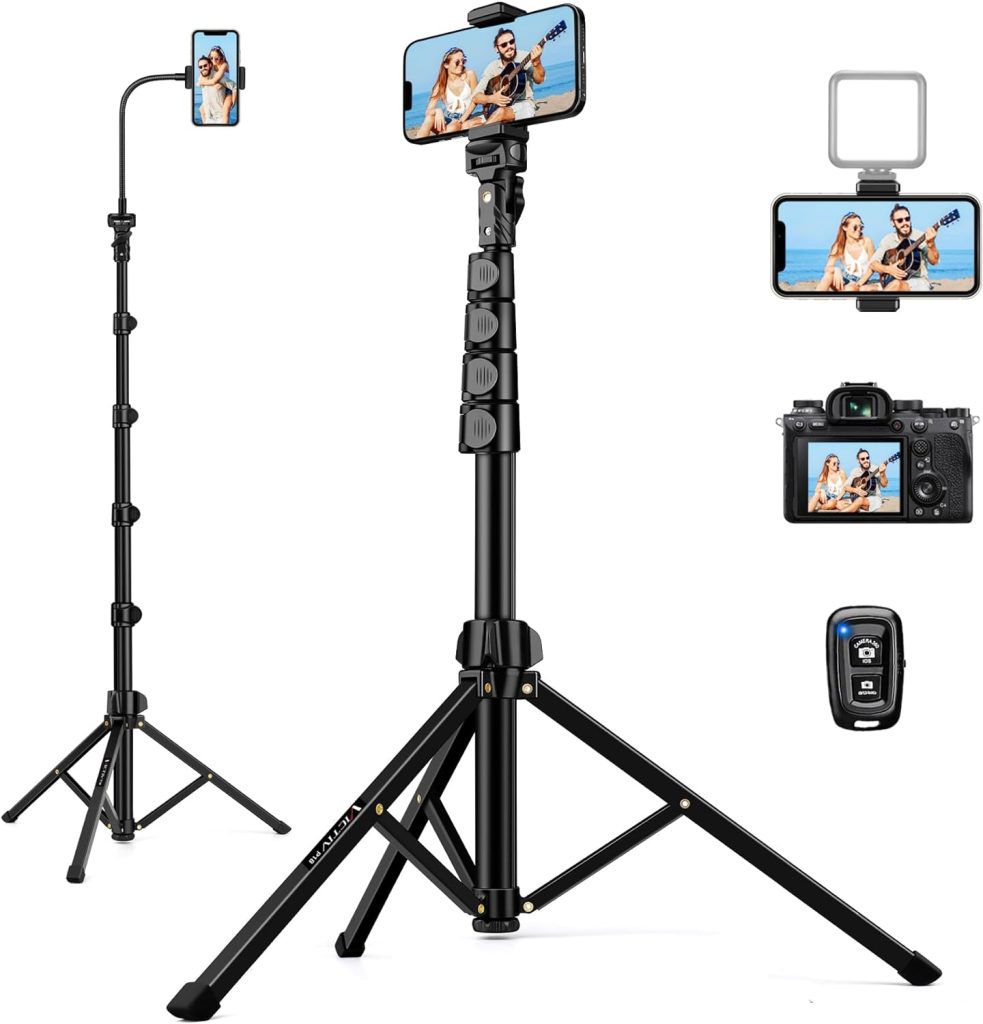 Phone Tripod Stand, 85 Tall Cell Phone Tripod with Gooseneck and Remote, Portable Phone Stand Tripod for Recording, Aluminium Travel Tripod, Compatible with iPhone 14 13 12 pro Android Cellphone