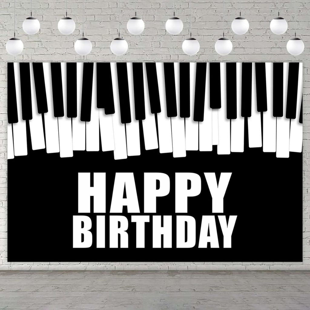Piano Happy Birthday Banner Backdrop Musical Notes Keys and Piano Keyboard Theme Decor Decorations for Music Party Kids 1st Birthday Party Supplies Art Studio Photography Background Black and White