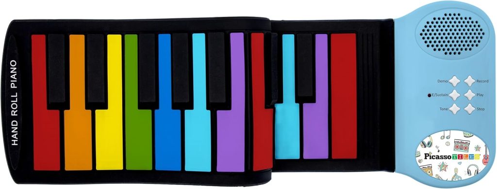 PicassoTiles® PT49 Kids 49-Key Flexible Roll-Up Educational Electronic Digital Music Piano Keyboard w/Recording Feature, 8 Different Tones, 6 Educational Demo Songs  Build-in Speaker - Rainbow