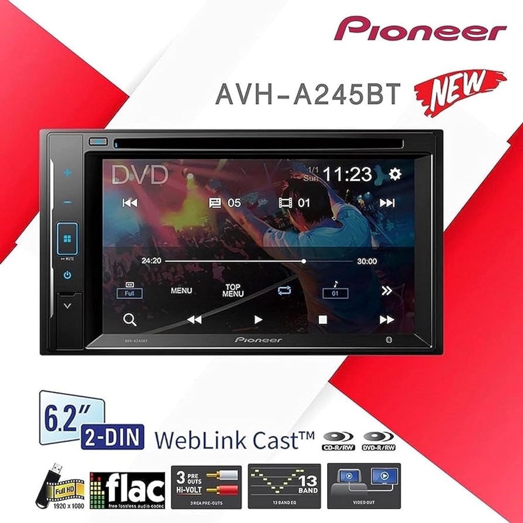 Pioneer in-Dash Double Din WVGA Display Built-in Bluetooth Multimedia DVD CD MP3 USB AM/FM Touchscreen Dual Phone Connection Car Stereo Receiver/Free Alphasonik Earbuds