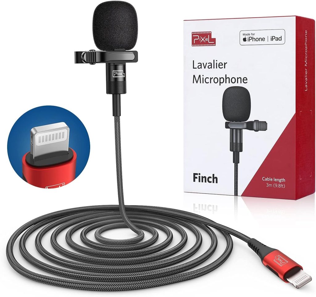 Pixel Lavalier Microphone for iPhone (Apple MFi-Certified) | Lav Mic for iPhone for Vlogging | External Microphone for iPhone Video Recording, Compatible with All Lightning Device (10ft)