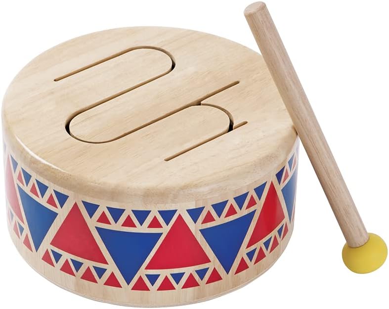 PlanToys Solid Drum Toddler Musical Instrument - Sustainably Made from Rubberwood Featuring Organic-Pigment Coloring and Water-Based Dyes Featuring Drumstick with Rubber Head