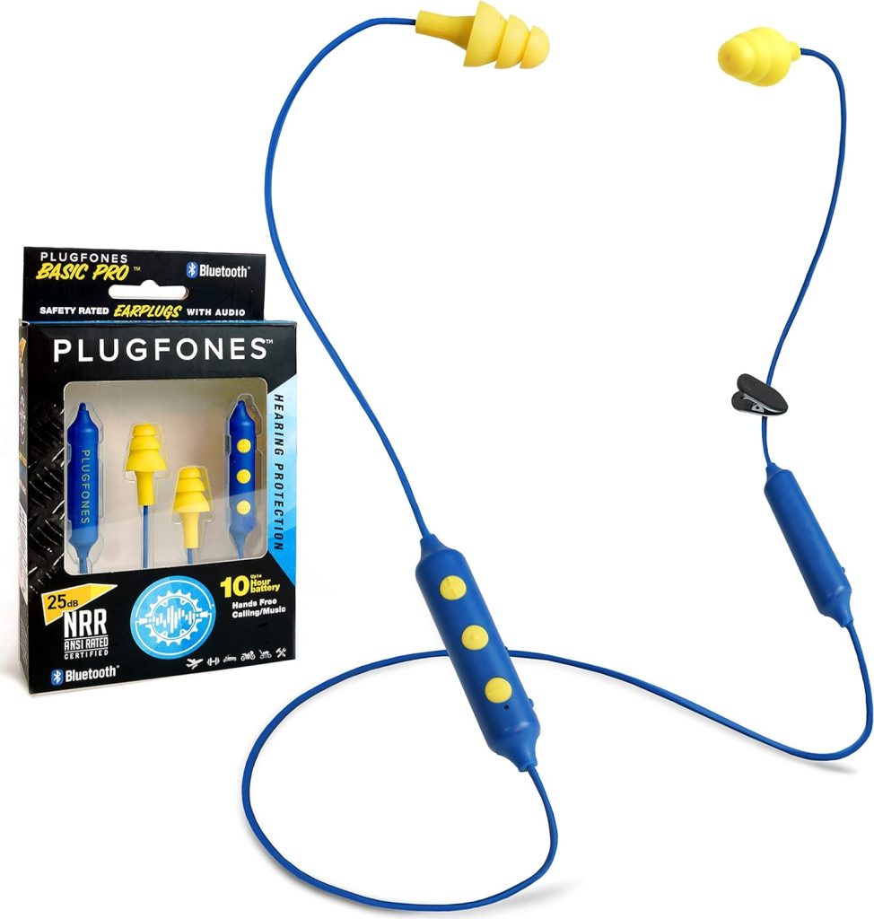 Plugfones Basic Pro Wireless Bluetooth in-Ear Earplug Earbuds - Noise Reduction Headphones with Noise Isolating Mic and Controls (Blue  Yellow)