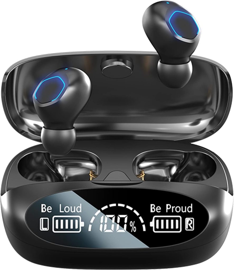 PMOPDSNNE Wireless Earbuds Bluetooth 5.3 True Wireless Headphones with LED Display Charging Case IPX7 Waterproof USB-C Button Control Powerful Bass in Ear Earphones One-Step Pairing Headset