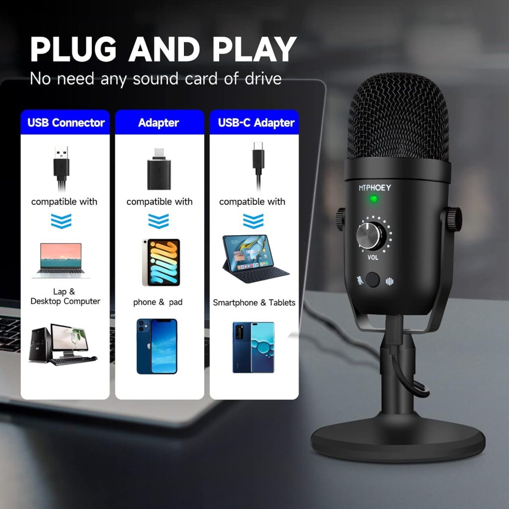 Podcast Microphone for Phone, MTPHOEY Professional USB Microphone forTikTok/PC/Pad/PS4/i*O*S/Android,Computer Mic with Noise Cancelling,Asmr Microphone Plug and Play for Streaming,Podcast,Gaming