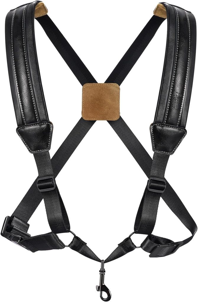 POGOLAB Saxophone Harness, Double Shoulder Adjustable Sax Strap with Soft Leather Padded, Widened  Thickened Design, Good Comfort, Reduce Neck Stress, for Alto/Tenor/Baritone/Soprano Saxophone