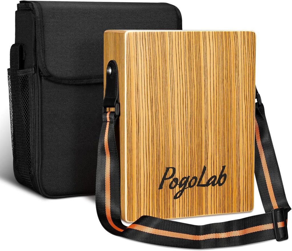POGOLAB Travel Cajon Drum, Portable Adjustable Tone Thick Wooden Cajon with Adjustable Strap  Storage Bag, Musical Hand Drum with Guitar Steel Strings, Compact Size Percussion Instrument Kit