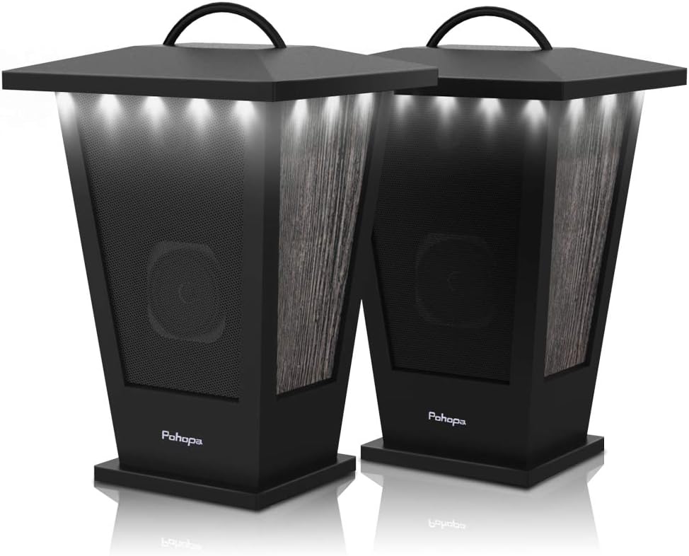 pohopa Bluetooth Speakers Waterproof, 2 Packs True Wireless Stereo Sound 20W Speakers Dual Pairing Lantern Indoor Outdoor Speakers with 20 Piece LED Lights, Rich Bass, Pinao Black