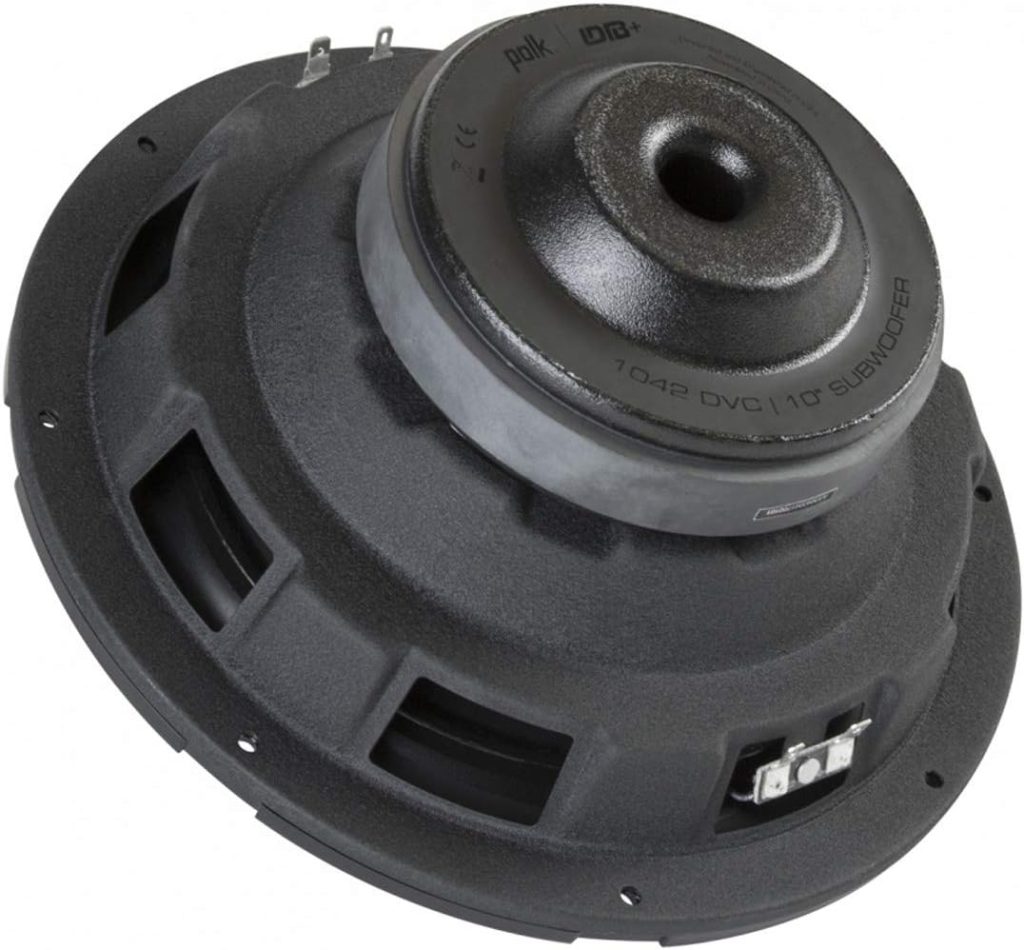 Polk Audio DB1042 DVC - DB+ Series 10 Shallow Subwoofer for Marine/Car Sound System, 28Hz-200Hz Frequency Response, Dual 4-Ohm Voice Coils  Polypropylene Woofer Cone,Black