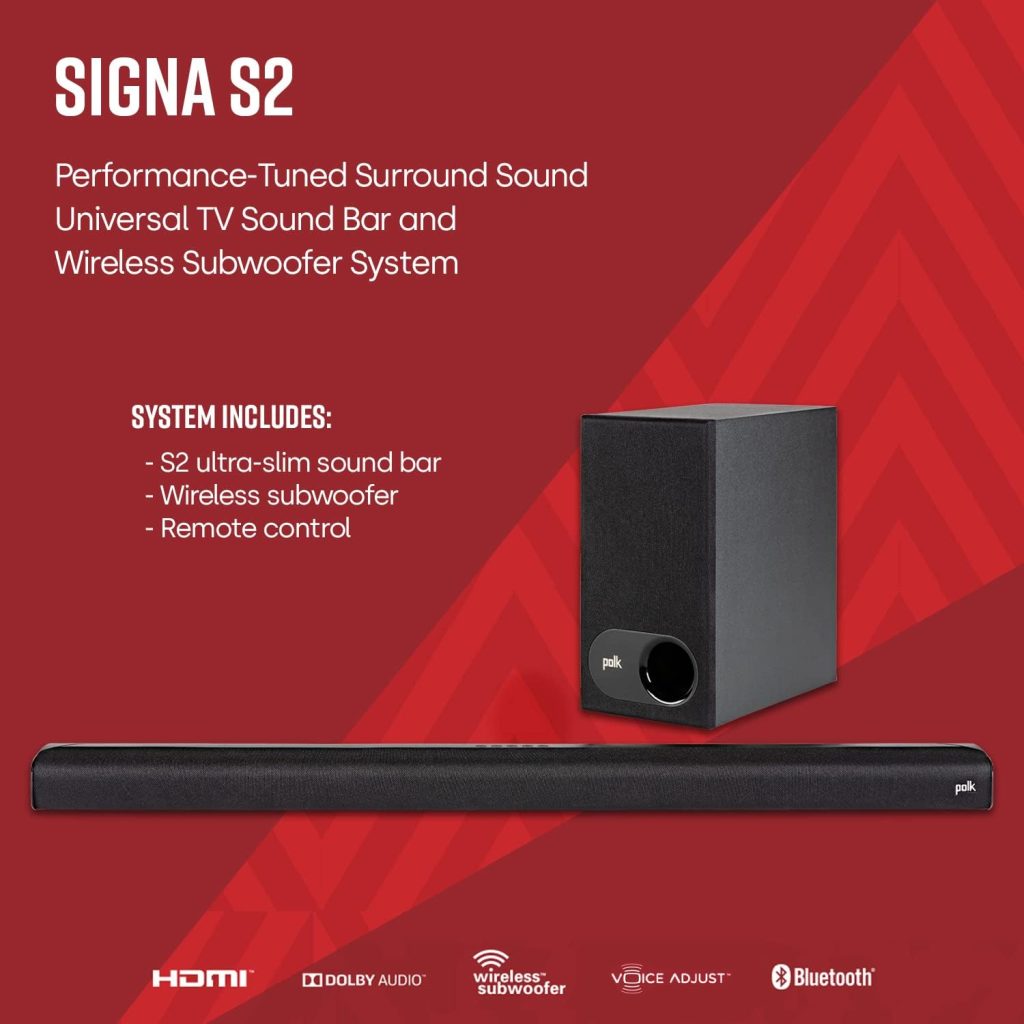 Polk Audio Signa S2 Ultra-Slim TV Sound Bar, Works with 4K  HD TVs, Wireless Subwoofer, Includes HDMI  Optical Cables, Bluetooth Enabled, Black