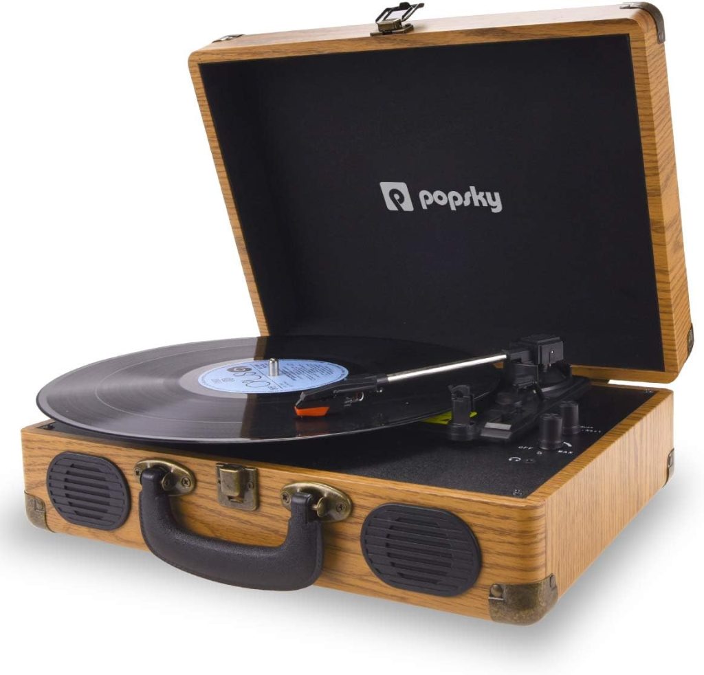 Popsky Record Player, 3-Speed Vintage Style Turntable, Bluetooth Record Player with Built-in Stereo Speakers, Portable Suitcase LP Vinyl Player, Headphone  USB  RCA Jack