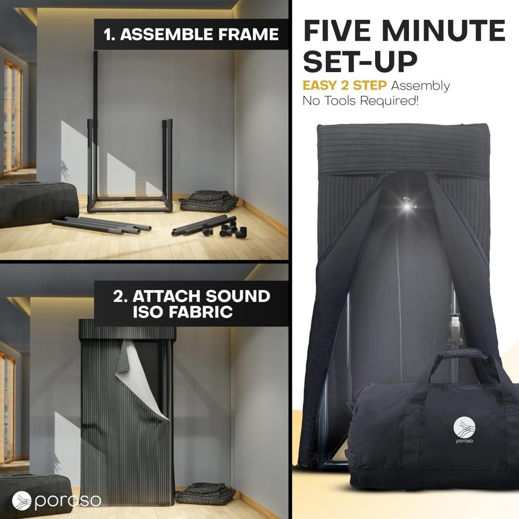 POROSO Updated 2023 OEM RECORDING SOUND BOOTH | Portable Studio for Crisp Dry Vocals | Acoustic Treatment for Any Space | Sound Isolation Booth for Home Studio | 5-Min Assembly w/Travel Bag  Extras…