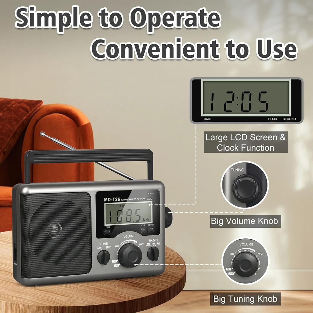 Portable AM FM Shortwave Radio,Battery Operated Radio by 4D Cell Batteries or AC Power Transistor Radio with LCD Display,Time Setting,3.5mm Earphone Jack,Big Speaker,High/Low Tone for Home,Gift