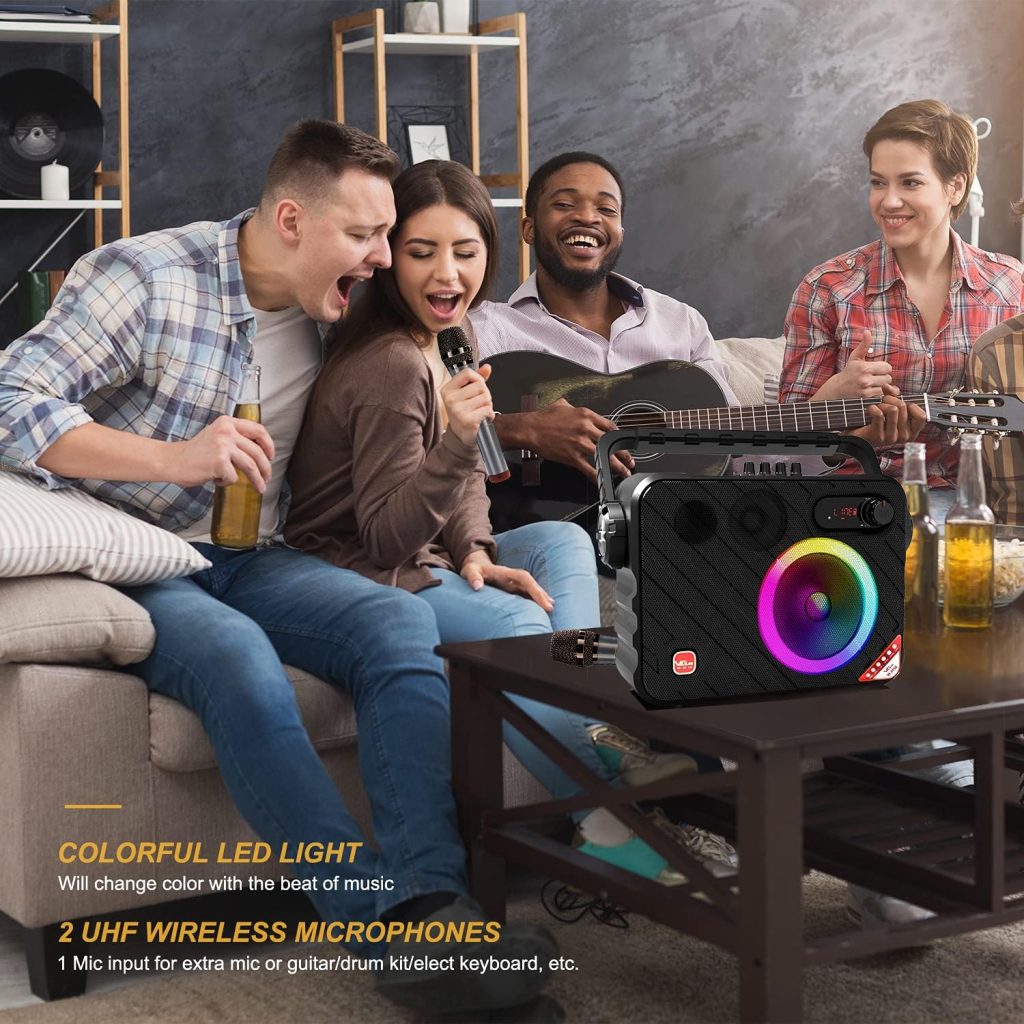 Portable Karaoke Machine, VeGue Bluetooth PA System with 6.5” Subwoofer, Colorful LED Lights, 2 UHF Wireless Mics, Ideal for Various Indoor/Outdoor Activities(VS-0650)