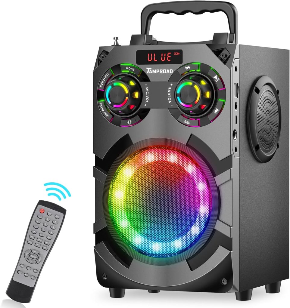 Portable Loud Bluetooth Speakers with Subwoofer, 80W Peak Powerful Large boombox Bluetooth Wireless with Stereo Sound, FM Radio, EQ, Remote, LED Lights, for Home Outdoor Party Holiday Birthday Gifts