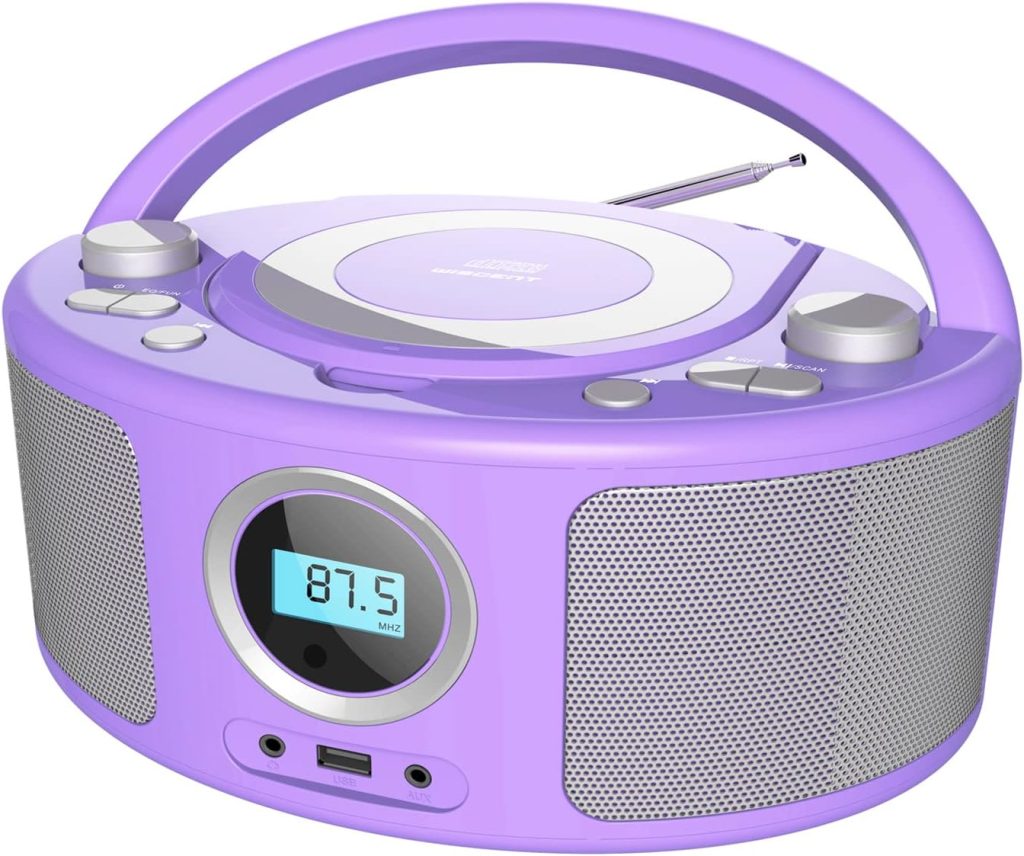 Portable Radio CD Player Stereo Kids CD Player Boombox with Bluetooth/FM Radio/Remote Control/MP3/CD-R/CD-RW Playback/USB Port/AUX Input/Earphone Jack Output, Stereo Sound Audio Player(WTB-791Purple)