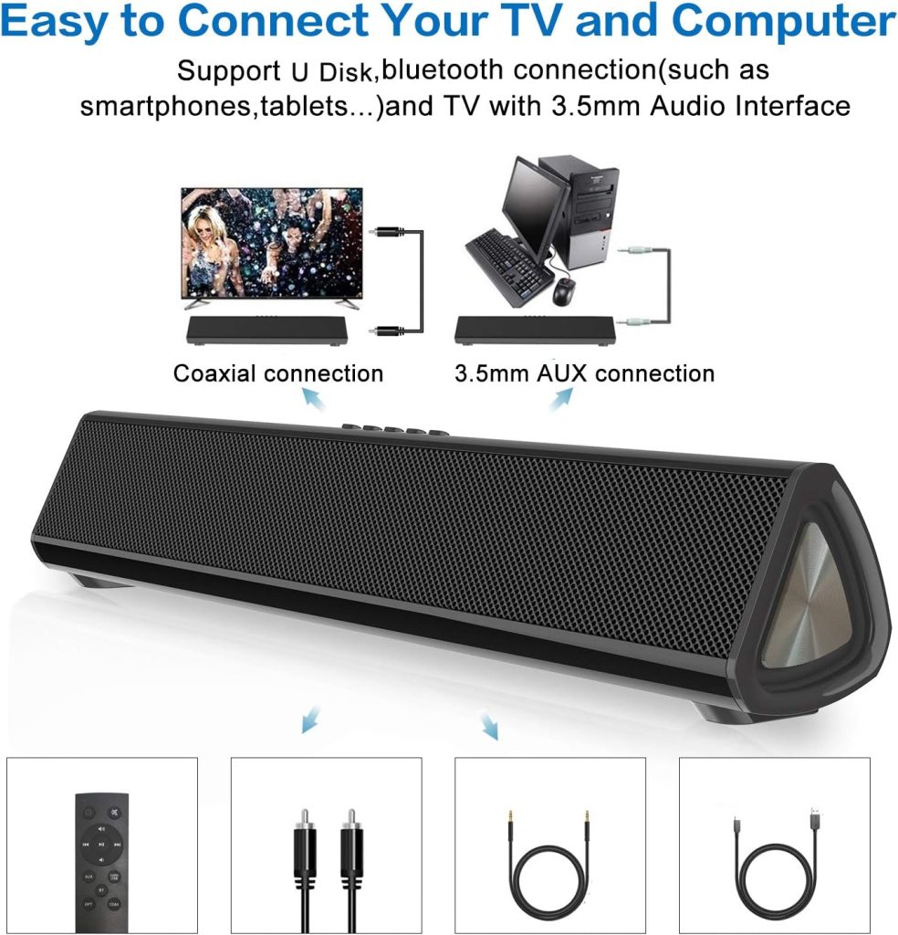 Portable Sound Bar for TV/PC, 105dB Bluetooth 5.0 Wireless  Wired Soundbar with 2200 mAh Battery, 3D Surround Sound Home Theater Built-in Subwoofer with Remote Control for Projectors/Phones/Tablets