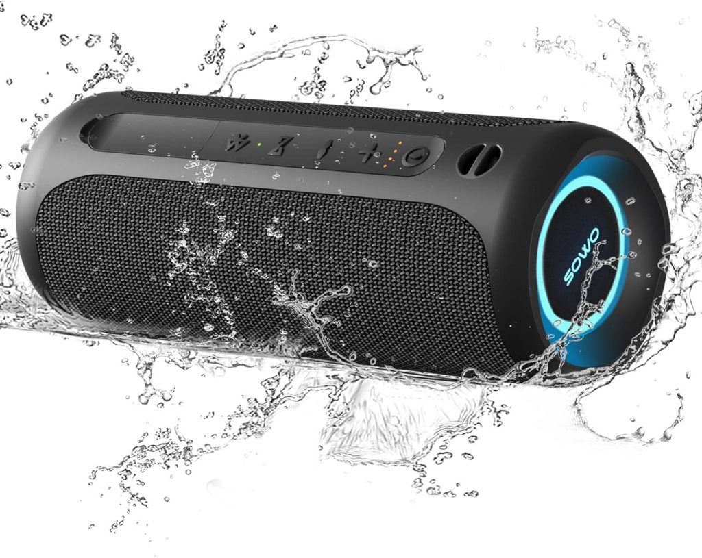 Portable Speaker, Wireless Bluetooth Speaker, IPX7 Waterproof, 25W Loud Stereo Sound, Bassboom Technology, TWS Pairing, Built-in Mic, 16H Playtime with Lights for Home Outdoor - Black…