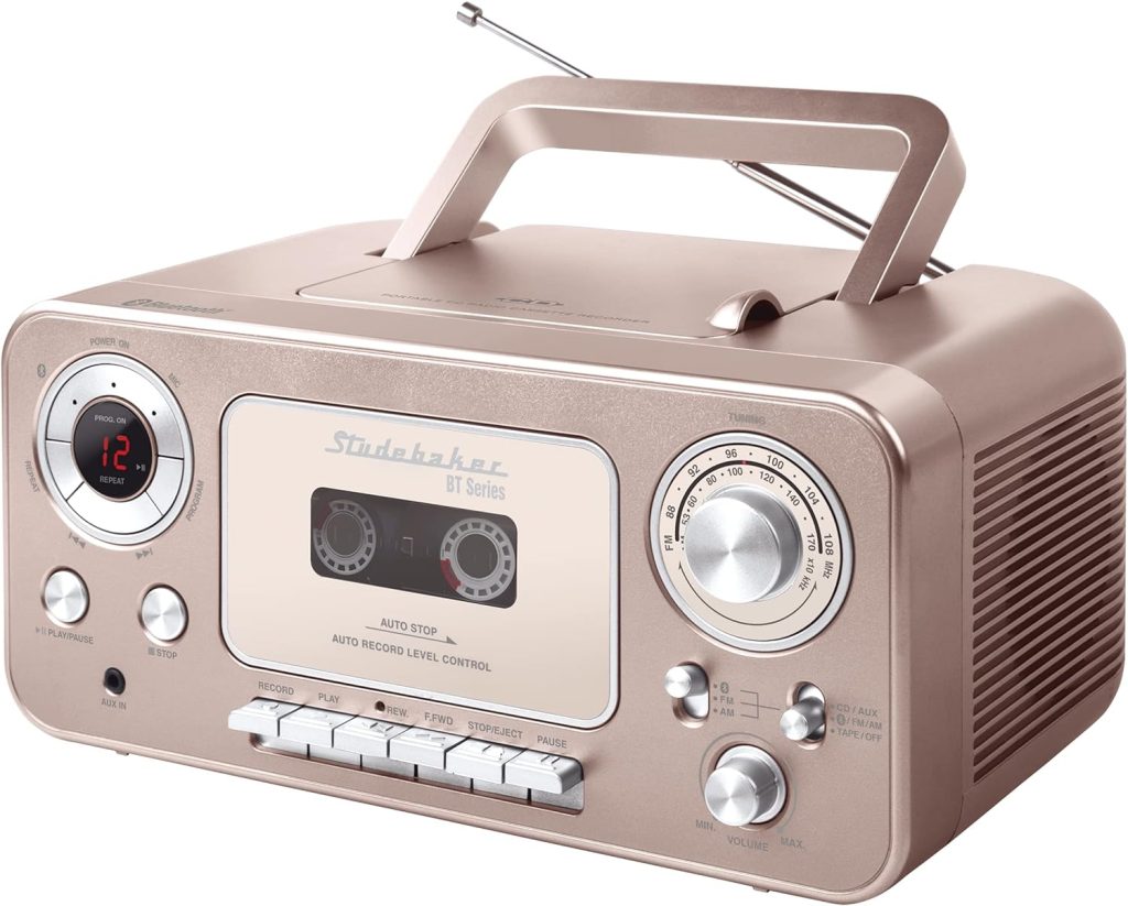 Portable Stereo CD Player with Bluetooth, AM/FM Stereo Radio and Cassette Player/Recorder (Rose  Gold)
