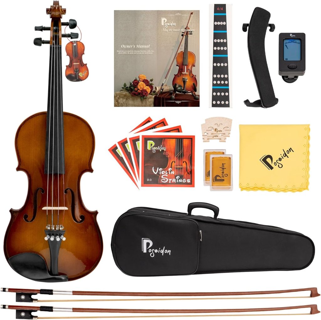 Poseidon 3/4 Acoustic Violin Fiddle, Acoustic Black Violin for Beginners for Teens Students Beginners Violin Starter Kit with Hard Case, Rosin, Shoulder Rest, Bow, Extra Strings
