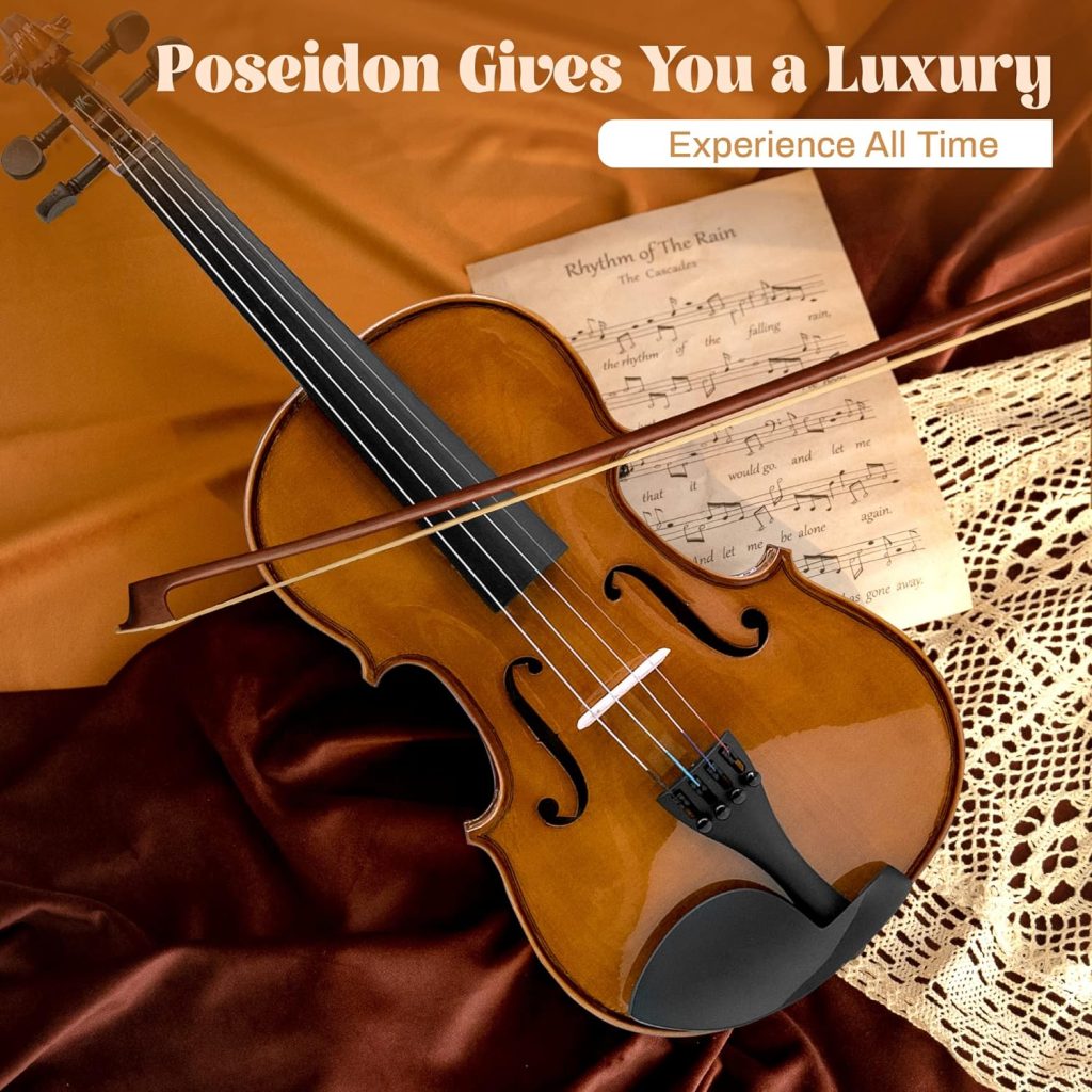 Poseidon Violin for Beginners, Kids Adults Beginner Kit For Student Black Solidwood Spruce Stringed Musical Instruments with Hard Case, Extra Bows, Extra Strings, Shoulder Rest, Rosin, Clip-on Tuner