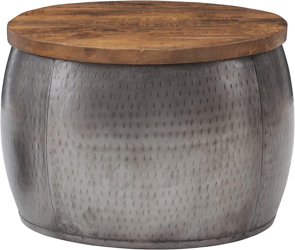 Powell Hammered Silver Drum with Natural Wood Lift Top for Storage Janice Table