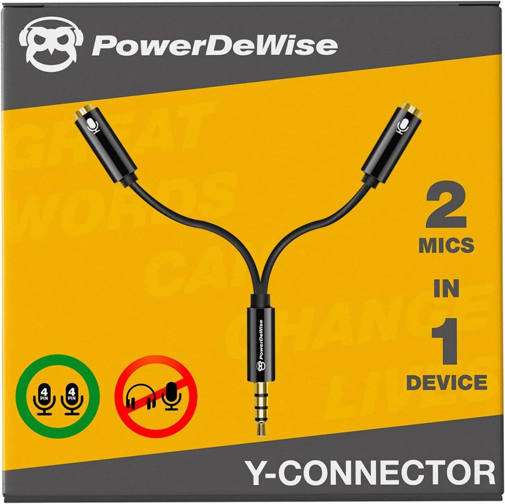 PowerDeWise Y Splitter Mic and Mic - Microphone TRRS Splitter - 2 Microphone Splitter - Y-Splitter - Y-Connector Audio Signal Splitter Cable for Lavalier Microphone