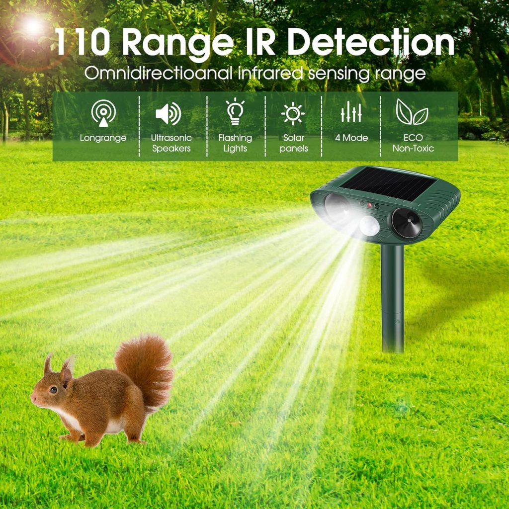 PRODCA 2 Pcs Ultrasonic Animal Repellent Outdoor,Animal Deterrent Devices Outdoor with Motion and Light Sensor and Sound,Squirrel Cat Deer Bird Repellent Deterrent Sound Devices for Yard
