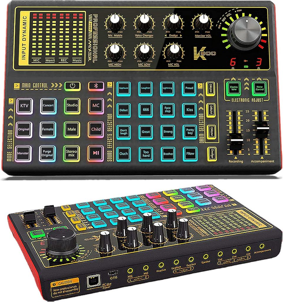 Professional Audio Mixer, K300 Live Sound Card and Audio Interface Sound Board with Multiple DJ Mixer Effects,Voice Changer and LED Light, Prefect for Streaming/Podcasting/Gaming/Recording/YouTube/PC