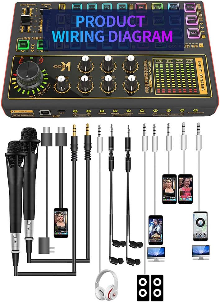 Professional Audio Mixer, K300 Live Sound Card and Audio Interface Sound Board with Multiple DJ Mixer Effects,Voice Changer and LED Light, Prefect for Streaming/Podcasting/Gaming/Recording/YouTube/PC