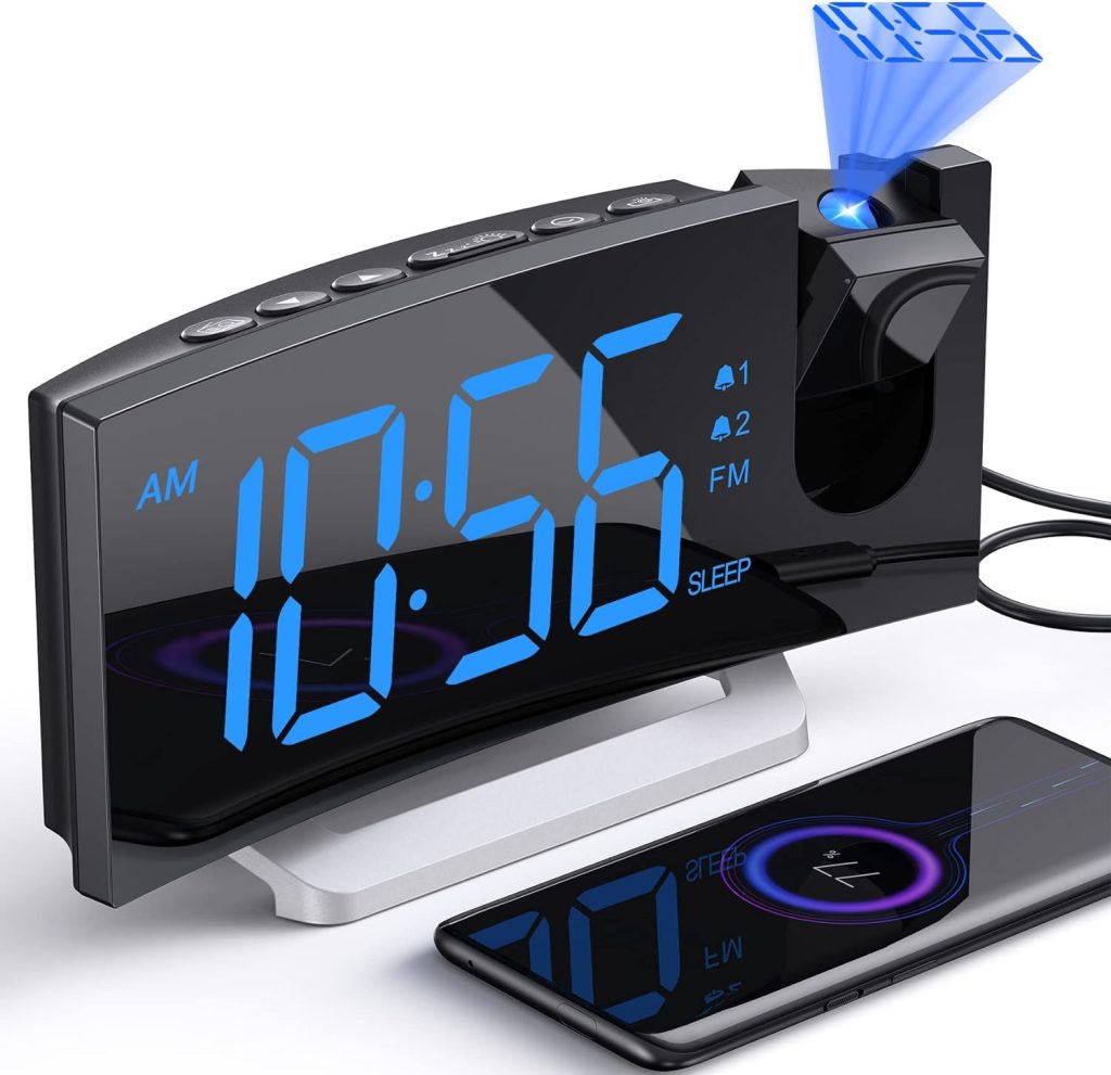 Projection Alarm Clock with FM Radio, USB Charging Port, 0-100% Dimmer, Dual Alarms, HD LED Display, 30 Preset Stations, Sleep Timer, 5 Alarm Sounds, Snooze, Curved Screen, Digital Clock for Bedroom : Everything Else