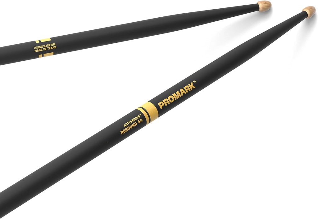 Promark ActiveGrip Drum Sticks - Rebound 5A Drumsticks - For Secure, Comfortable Grip - Gets Tackier As Your Hands Sweat - Hickory Wood - Acorn Tip, Black, One Pair
