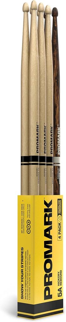 Promark Drum Sticks - 5A Drumsticks - Rebound - Made from Hickory Wood - Drum Accessories - Acorn Tip Drum Sticks -3 Pairs of Rebound 5A + 1 Pair of FireGrain 5A