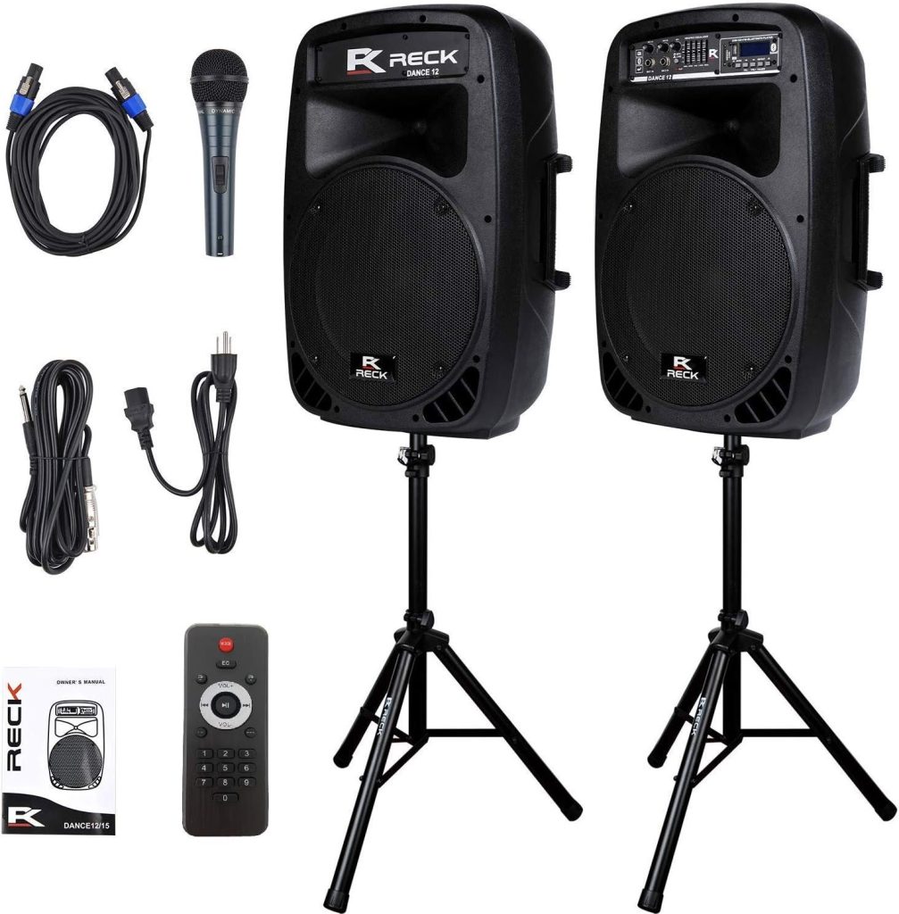 Proreck Dance 12 Portable 12-Inch 1000 Watts 2-Way Powered PA Speaker System Combo Set with Bluetooth/USB/SD Card Reader/FM Radio/Remote Control/Speaker Stand