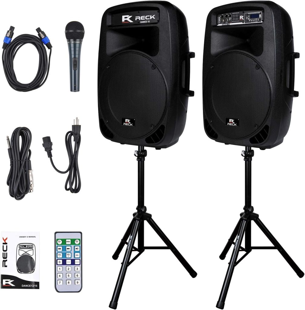 PRORECK Dance 15 Portable 15-Inch 2000 Watt 2-Way Powered PA Speaker System Combo Set with Bluetooth/USB/SD Card Reader/FM Radio/Remote Control/LED Light