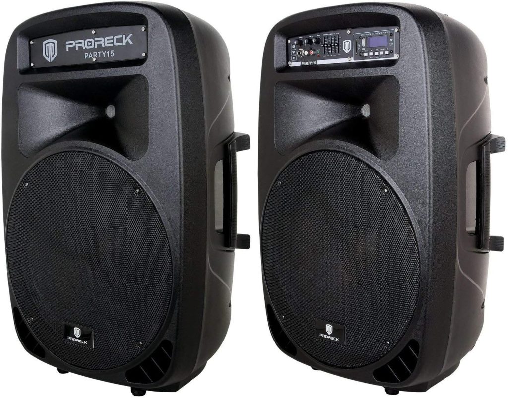 PRORECK New Party 15 15-Inch 2-Way Powered PA Speaker System Combo Set with Bluetooth/USB/SD Card Reader/FM Radio/Remote Control/Speaker Stand