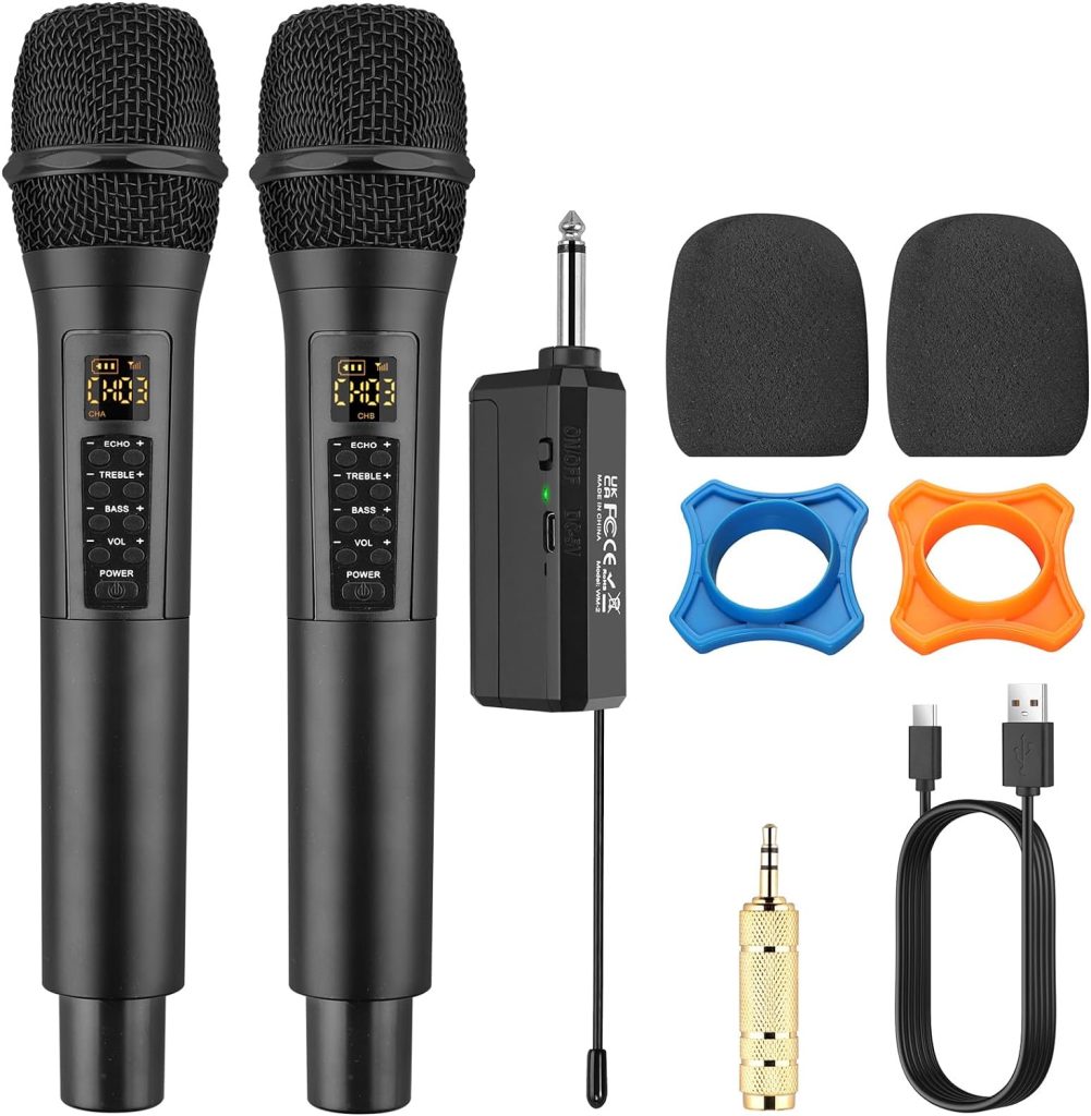 PROZOR Wireless Microphone with Volume Treble Bass Echo Control, Dual UHF Wireless Handheld Dynamic Mic System with Rechargeable Receiver for Karaoke Machines, DJ, Singing, Church, Weddings etc