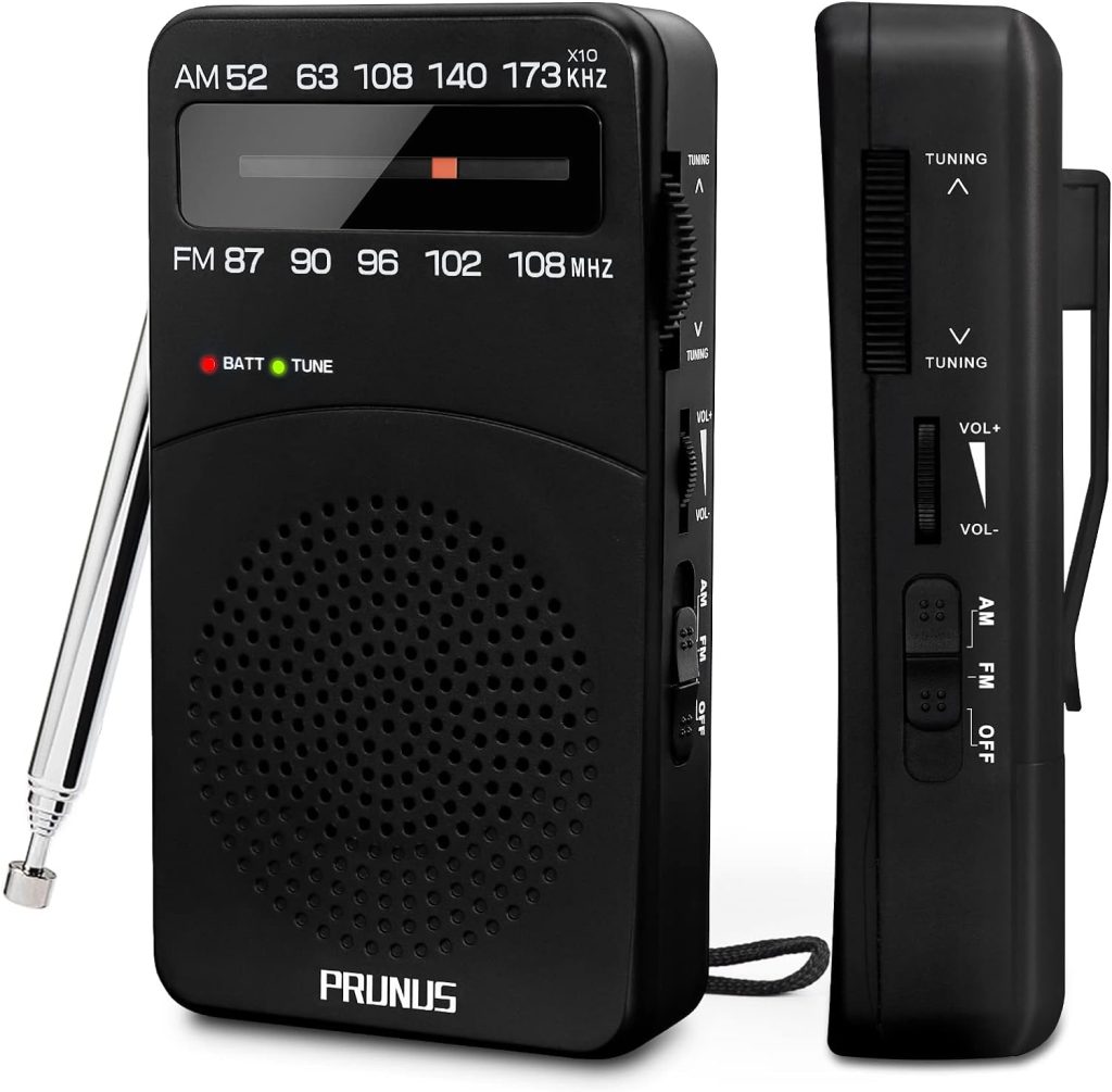 PRUNUS J-166 Portable Radio AM FM, Battery Operated with Tuning Light, Back Clip, Excellent Reception for Indoor  Outdoor Emergency Radio, FM Portable, Transistor