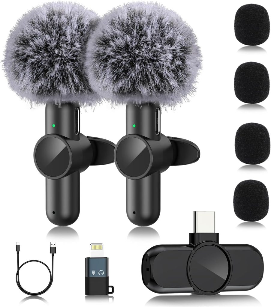 PUSEALON 2 Pack Wireless Lavalier Microphone, Plug-Play Professional Tiny Cordless Lapel Microphone Wireless, Wireless Mic for Recording Interview Vlog Livestream