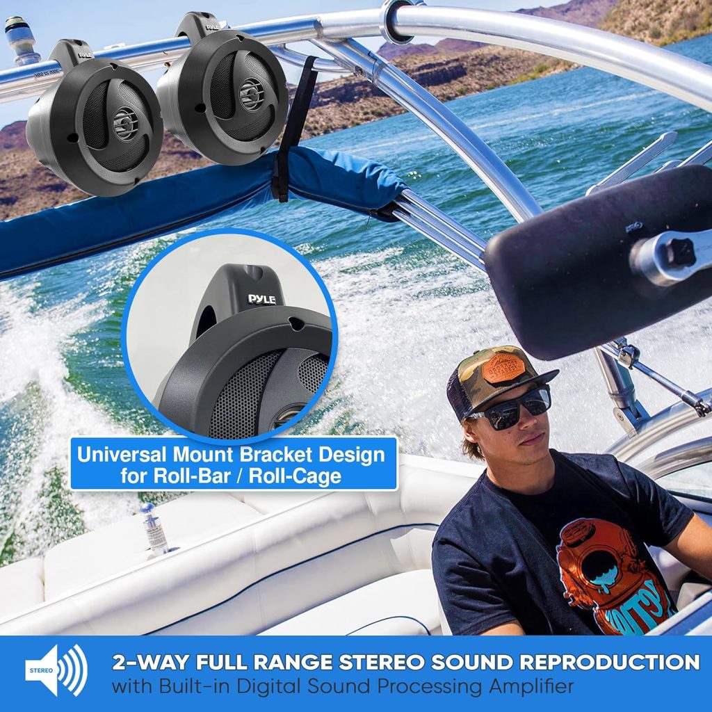 Pyle 2-Way Waterproof Bluetooth Off-Road Speakers - 4 inch 900W Active Passive Marine Grade Wakeboard Tower Speakers System w/AUX, Full Range Outdoor Stereo Speaker for ATV/UTV Jeep Boat PLUTV40BTA