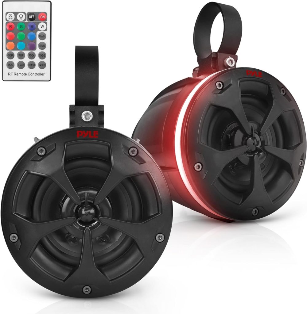 Pyle 2-Way Waterproof Off Road Bluetooth Speakers -4 800W Active Passive Marine Grade Wakeboard Tower Speakers w/RGB Light, Full Range Outdoor Audio Stereo Speaker for ATV/UTV, Jeep, Boat, PLUTV45BTR