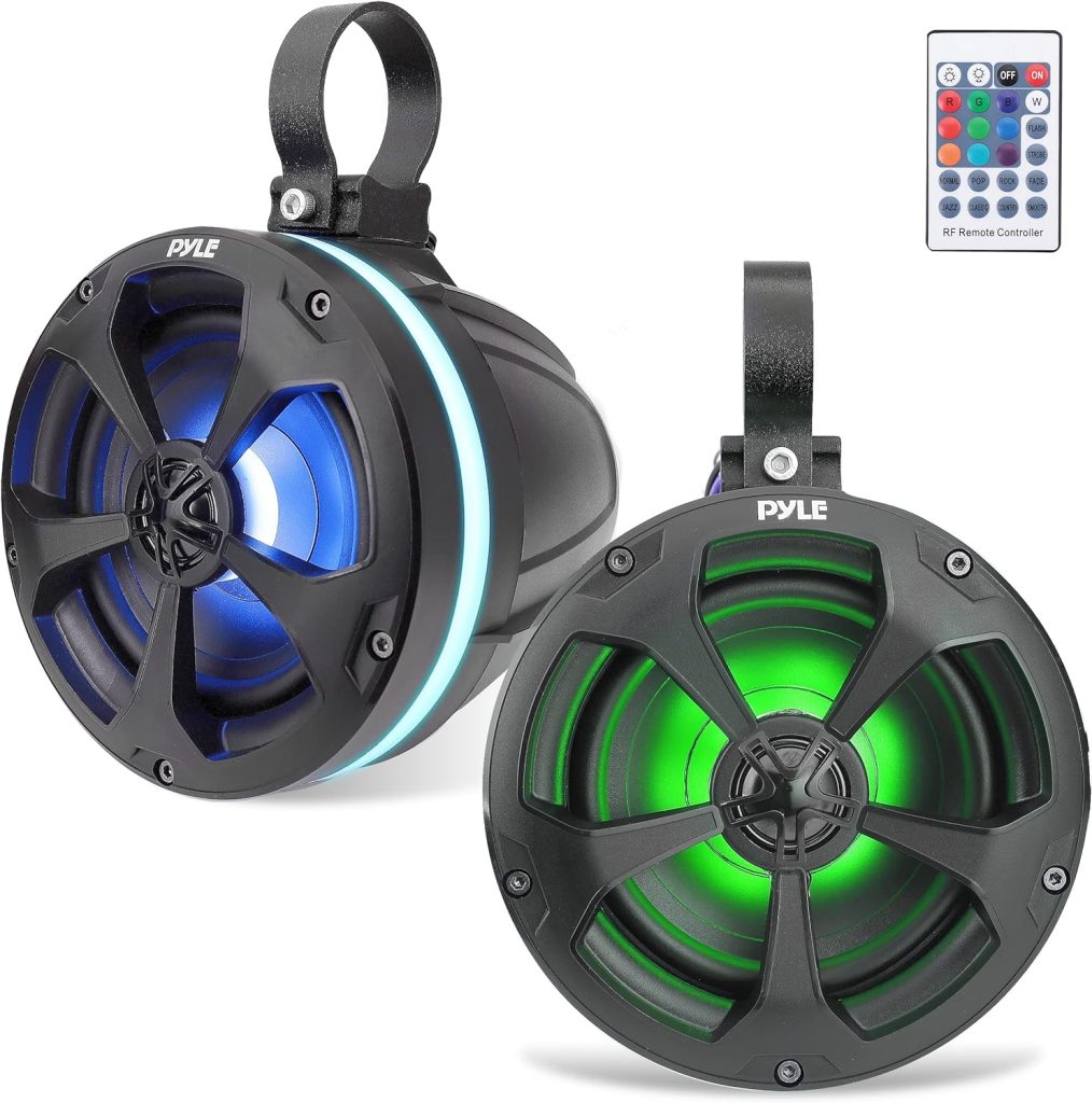 Pyle 2-Way Waterproof Off Road Speakers - 5.25 1000W Active Passive Marine Grade Wakeboard Tower Speakers System w/ RGB Light, Full Range Outdoor Stereo Speaker for ATV/UTV Jeep Boat - PLUTV55BTR