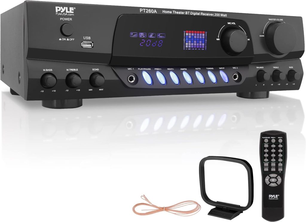 Pyle 200W Home Audio Power Amplifier - Stereo Receiver w/ AM FM Tuner, 2 Microphone Input w/ Echo for Karaoke, Great Addition to Your Home Entertainment Speaker System, 17 inches - PT260A, Black