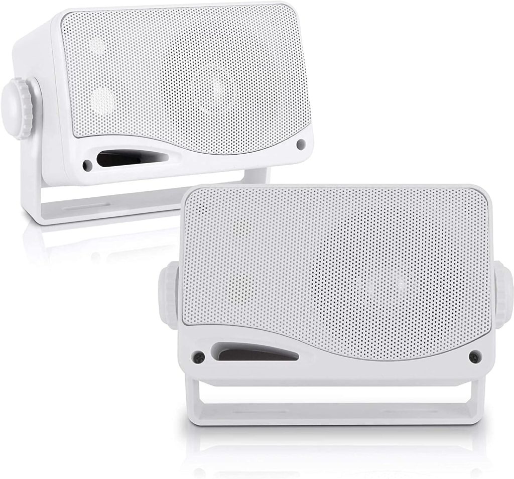 Pyle 3-Way Weatherproof Outdoor Speaker Set - 3.5 Inch 200W Pair of Marine Grade Mount Speakers - in a Heavy Duty ABS Enclosure Grill - Home, Boat, Poolside, Patio, Indoor Outdoor Use -PLMR24 (White)