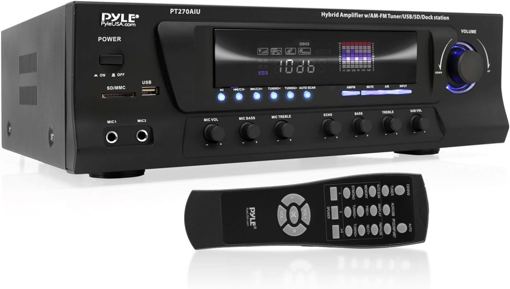 Pyle 300W Digital Stereo Receiver System - AM/FM Qtz. Synthesized Tuner, USB/SD Card MP3 Player  Subwoofer Control, A/B Speaker, iPod/MP3 Input w/Karaoke, Cable  Remote Sensor - Pyle PT270AIU.5